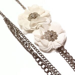 Gold Tone Multi Chain Chiffon Flower Rhinestone Statement Necklace